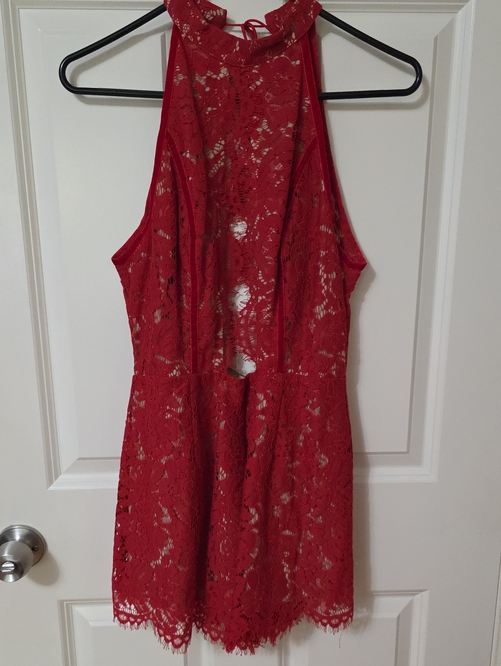 Tobi Red Lace Halter Romper with Open Back